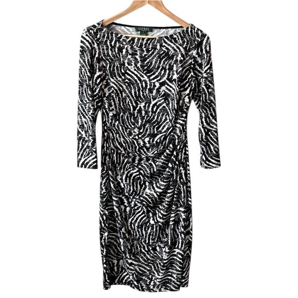 Ralph Lauren Zebra Print Dress Long Sleeve Black White Stretch Abstract Size 6 - Picture 1 of 13
